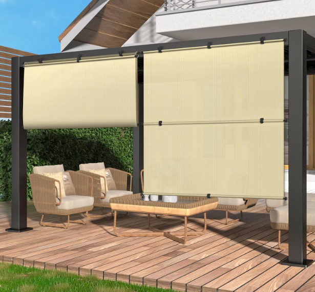 Outdoor Roller Shades 8'W x 7'H Porch Sun Shades Outdoor Roll Up Blinds for Patio Porch Gazebo Balcony Backyard, Beige