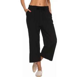 LNX Womens Linen Pants High Waisted Wide Leg Drawstring Casual Loose Trousers with Pockets (4X-Large, Black)