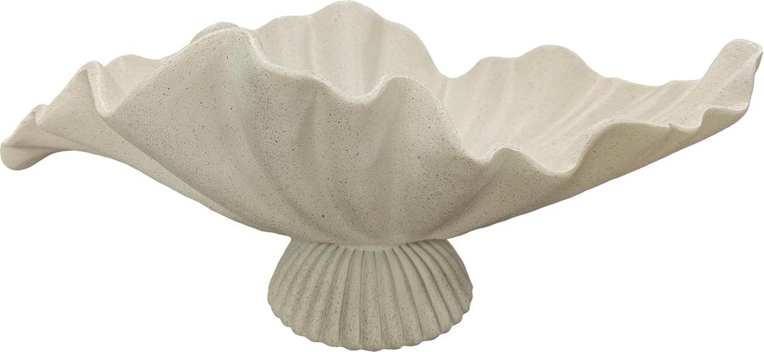 16" Large Decorative Bowl decor, Modern Home Decoration Scallop Bowl,Fashion Key Bowl for Entrance Table, Decorative Fruit Bowl for Kitchen Counter, Ruffle Decor, With Base, Light Gray