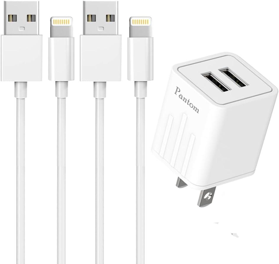 Dual Port 2.4A Wall Charger Plug with 2-Packs 5-Feet Cable Charge Sync Compatible with iPhone 14/14 Pro Max/13/12/11/X/8/8 Plus/7/6/5 iPods iPads Airpods (White)
