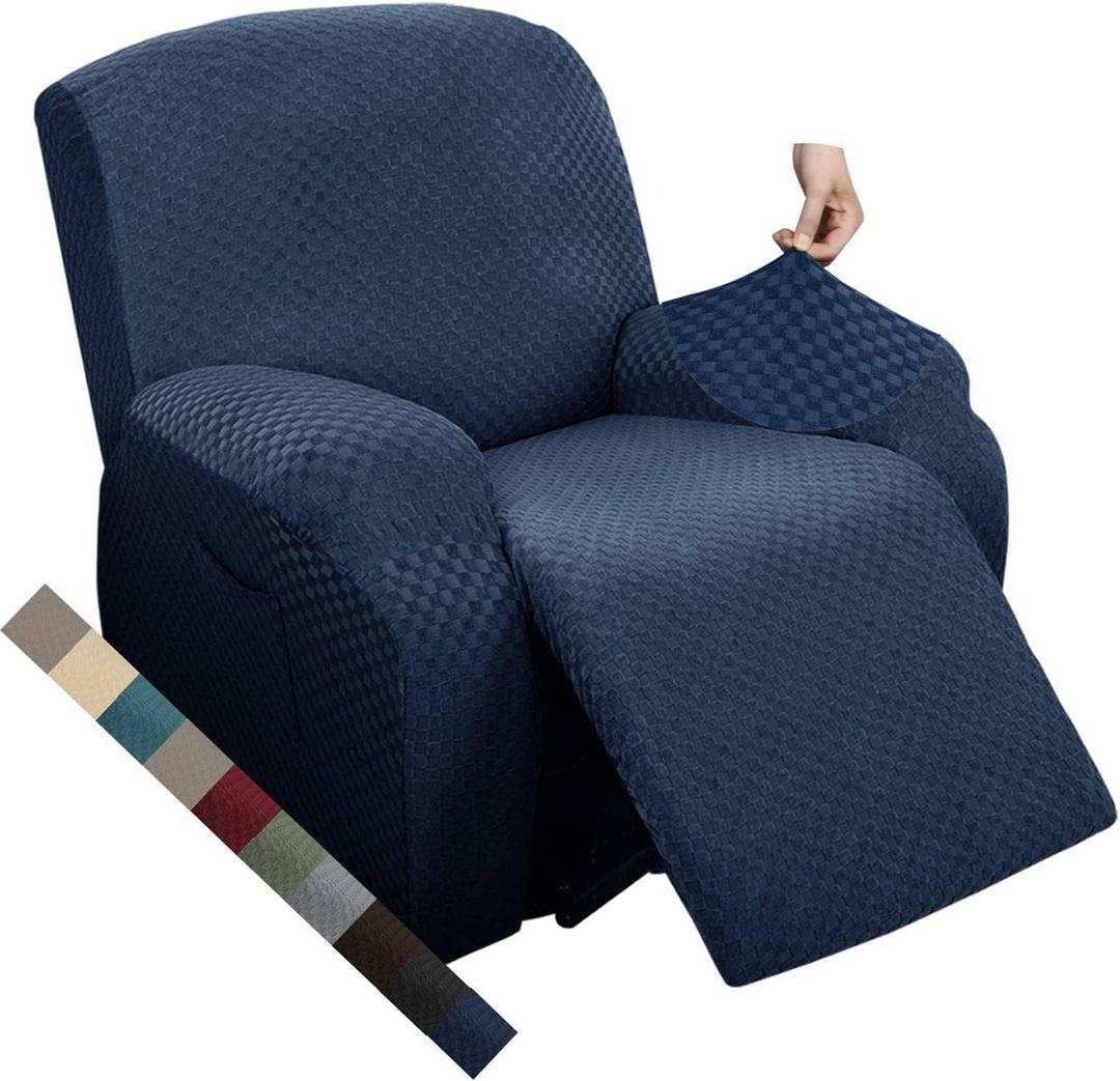 MAXIJIN Oversized Recliner Covers That Stay in Place 4 Pieces Stretch Large Recliner Chair Covers Jacquard Dogs Cats Proof Reclining Slipcovers with Elastic Bottom (XL Recliner, Navy Blue)