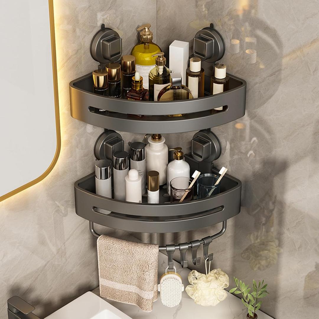 Upgraded Suction Cup Shower Caddy,Extremely Strong Suction Power,Removable Shower Corner Shelf Suction Cup,No Drilling Rust Proof Aluminum Corner Shower Caddy Suction Cup (2-Pack,Gray) (Grey)