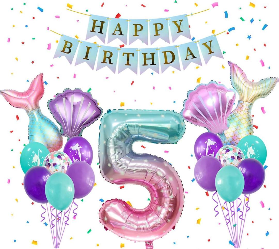 Mermaid Birthday Party Decor, Blue Pink Purple Party Supplies Set, Mermaid Tail Shell Balloons Number 5 Balloon 32Inch with Happy Birthday Banner Kit, 5th Bady Decor