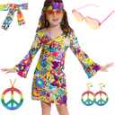 70s Hippie Dress for Girls, 1970s Outfits Peace Sign Necklace Headband, 60s Themed Party Costumes for Kids 5-14 Years (Peace Love Colourful)