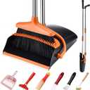 Broom and Dustpan Set with Long Handle, Upright Standing Self-Cleaning Combo, Windproof Dustpan with 6 Bonus Cleaning Tools for Pet Hair, Home, Kitchen, Garage & Apartment (45.3IN, Orange&black)