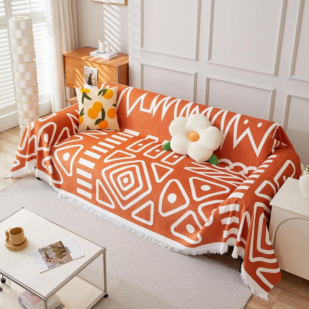 Boho Sofa Cover for Couch and Loveseat - Soft Chenille Furniture Protector for Dogs, 3 Cushion Couch Throw Cover, Pet Furniture Protector - Thick and Washable (Large:71"x118", Tassel Orange)