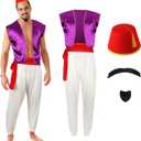 Zhanmai Men's Arabian Prince Costume Set Purple Vest Harem Pants Red Fez Felt Hat Sash Beard for Cosplay Party(XX-Large)