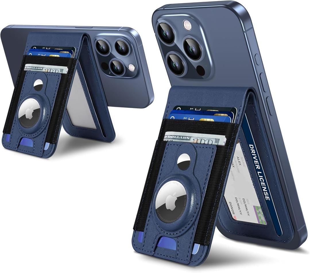 For Magsafe Wallet Stand with Airtag Holder, Strongest Magnetic Phone Wallet for iPhone 17/16/15/14/13/12 Series, ID Window, 4 Card Slots, 10 Cards Holder, Vegan Leather, RFID Blocking, Navy Blue