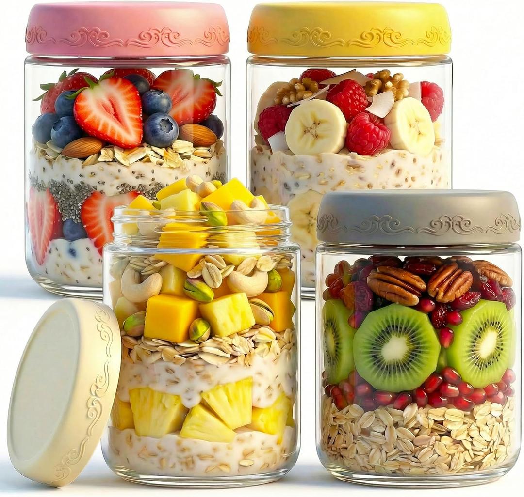 16 OZ 4Pack, Overnight Oats Jars with Lids, Glass Meal Prep Containers, Airtight Mason Jars for Breakfast, Yogurt Parfait, Salad & Smoothies, Leakproof and Reusable Food Storage Jars
