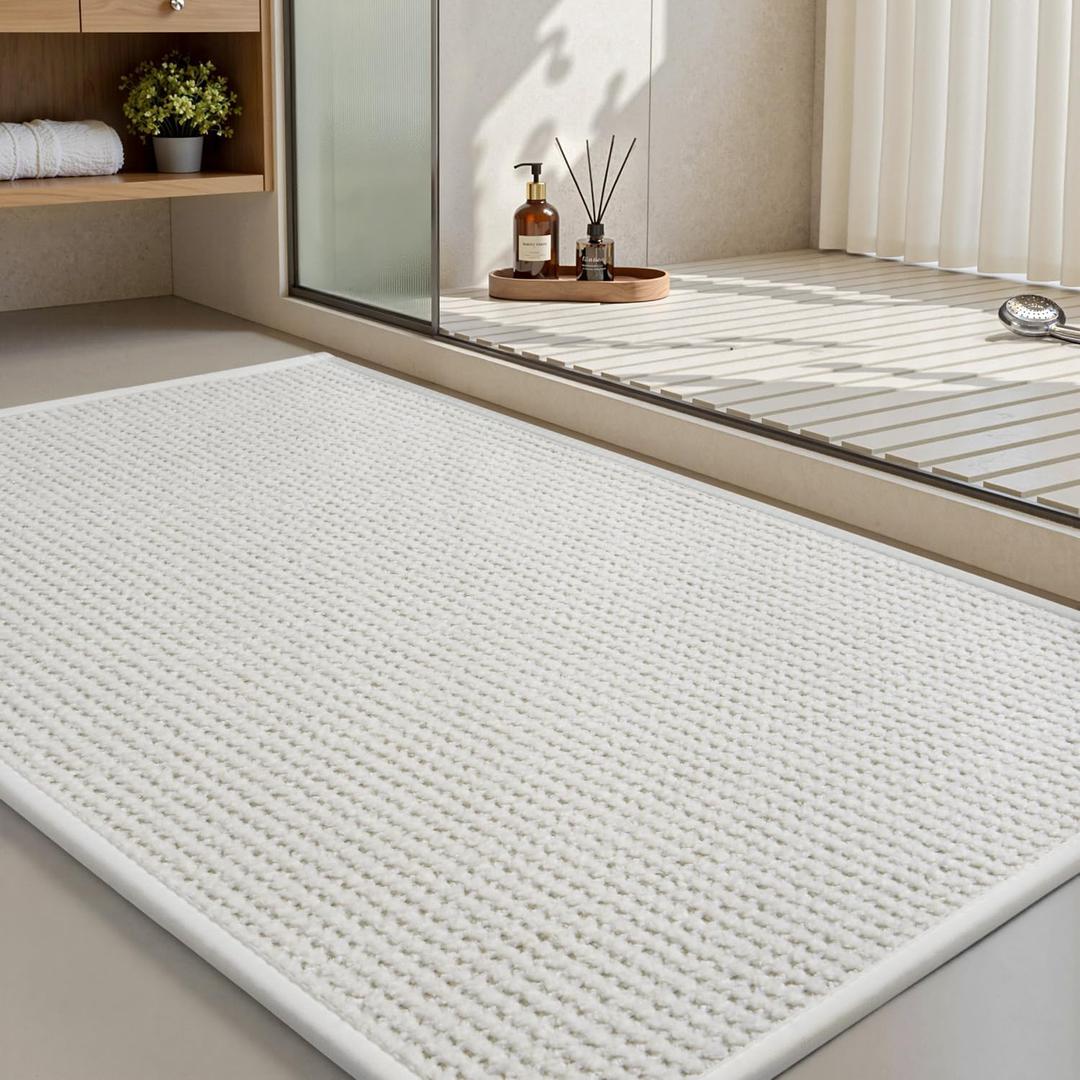 MontVoo Bath Mat,Chenille Absorbent Bathroom Mat Quick Dry Rubber Backed Bathroom Rugs Non Slip Washable Bath Mats,Ultra Thin Bathroom Rugs Fit Under Door,17"x24",White