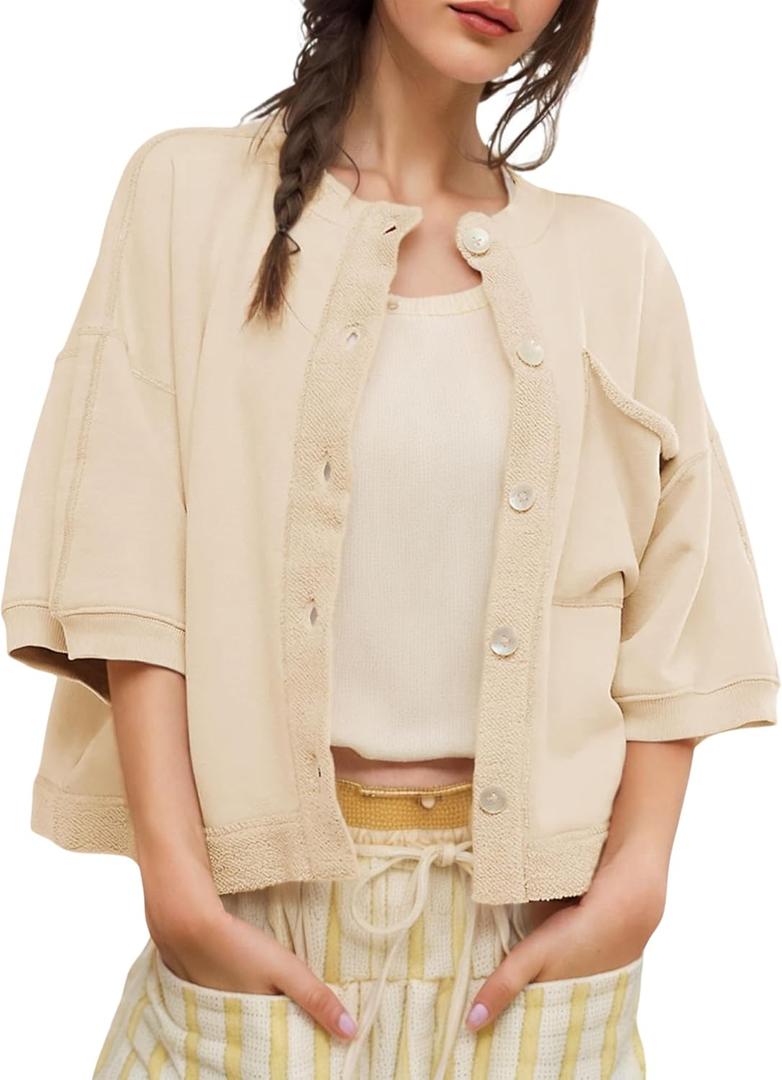 QIBABU Womens Button Down Cardigan Casual Open Front 3/4 Sleeve Crewneck Sweatshirt Tops (Large, Beige)