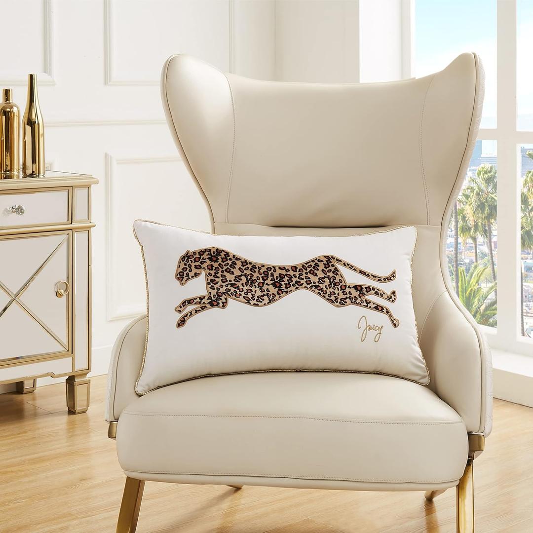 Juicy Couture Rectangle 1-Piece Decorative Accent, Premium Reversible Throw Pillow, Living Room and Bedroom Dcor, 14"x24", Cheetah White