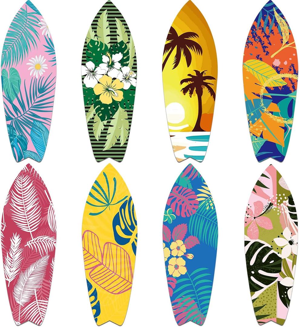 8 Pcs 9 1/2" x 28" Surfboards Cut Out Cardboard Tropical Beach Decorations Surf Board Wall Decoration Hawaiian Party Wall Decor Graphics Surfboard Sign for Summer Pool Surf Party