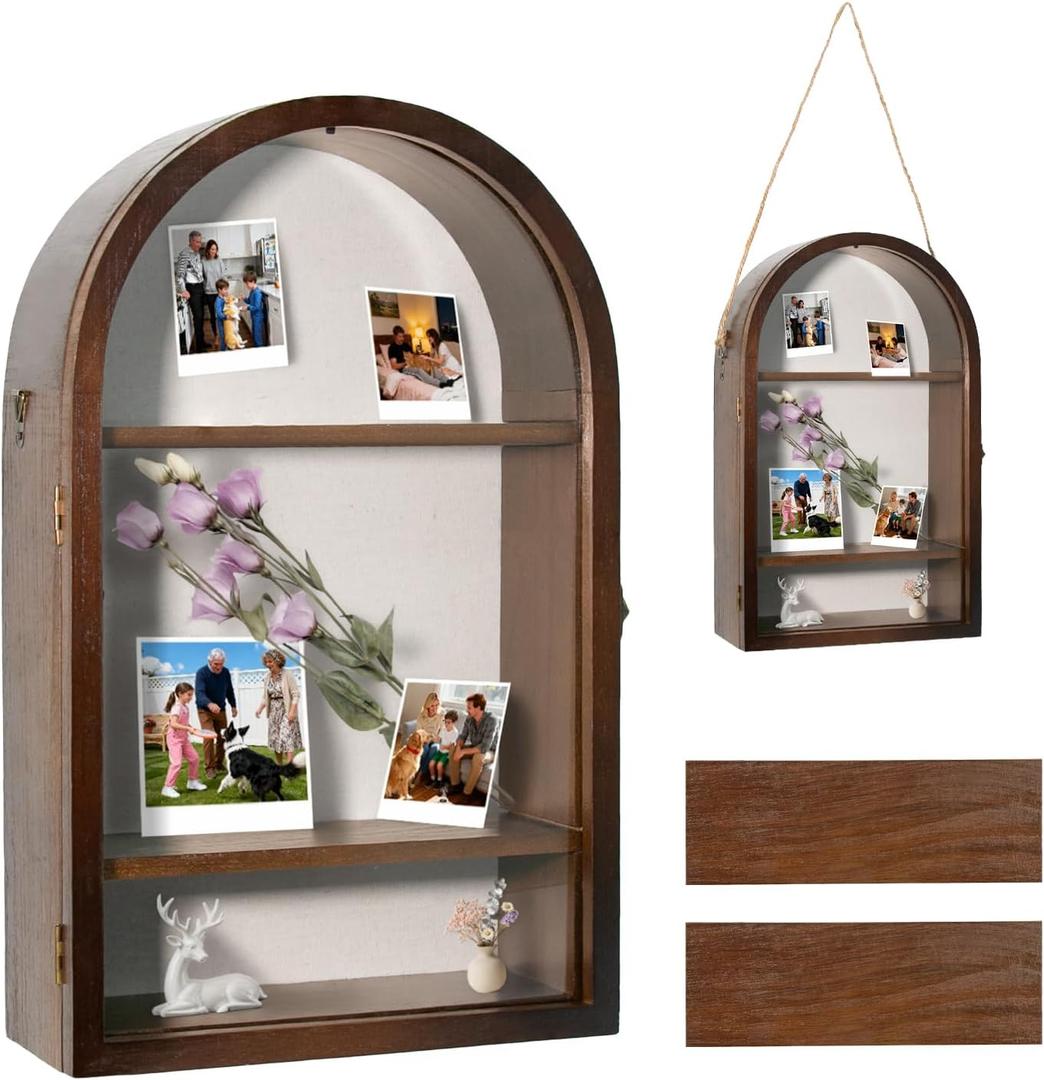 Shadow Box Frame 10x16 Large Shadow Boxes Display Cases with Removable Shelves, Linen Back & Acrylic Door, Memory Box for Medals, Photos, Wedding Bouquet, Keepsakes & Pet Memorials Walnut
