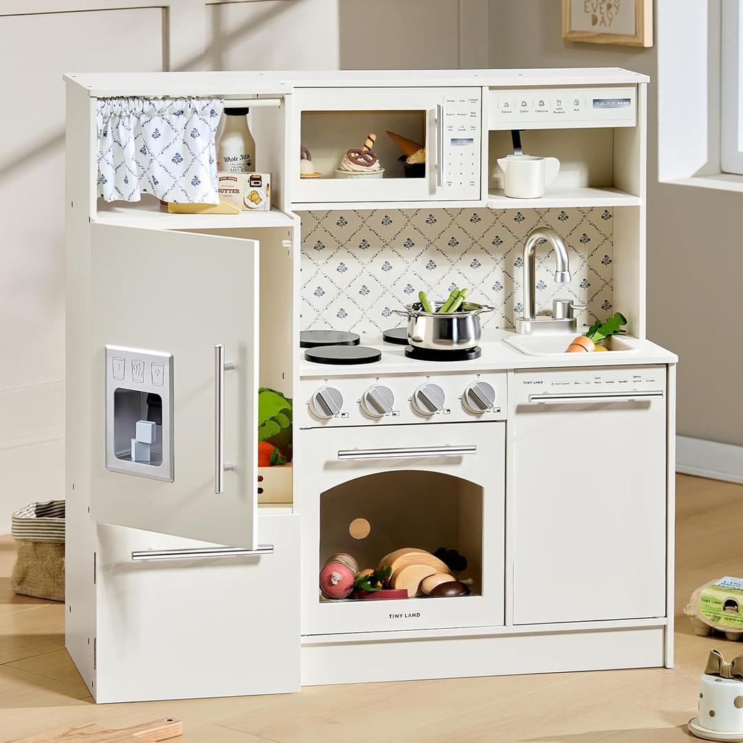 Tiny Land Play Kitchen for Kids, Upgraded Wooden Kitchen Toy with Complete Play Areas, Pretend Cooking Set with Sink, Stove, Microwave, Toy Coffee Station & Storage for Kids Ages 3+ (White)