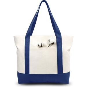 TOPDesign 3-Pack Canvas Tote Bags with an External Pocket, Reusable Grocery Shopping Bags, Top Zipper Closure, Daily Essentials (Blue/Natural)
