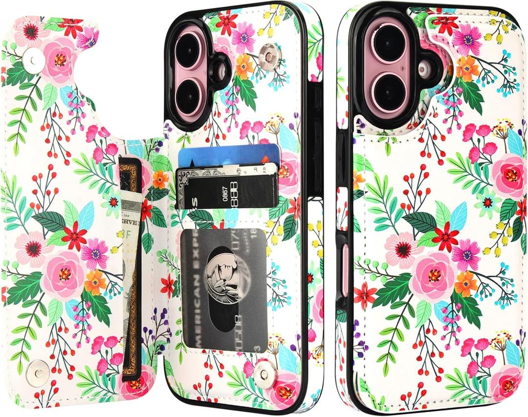 HAOPINSH for iPhone 16 Wallet Case with Card Holder, Colorful Florals Pattern Back Flip Folio PU Leather Kickstand Card Slots Case for Women Girls, Double Magnetic Clasp Shockproof 6.1"