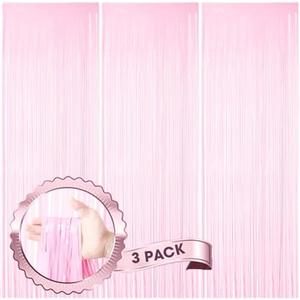 Voircoloria 3 Pack 3.3 x 8.2 ft Pasel Pink Foil Fringe Backdrop Curtains, Tinsel Streamers Birthday Party Decorations, Fringe Backdrop for Graduation, Baby Shower, Gender Reveal, Disco Party