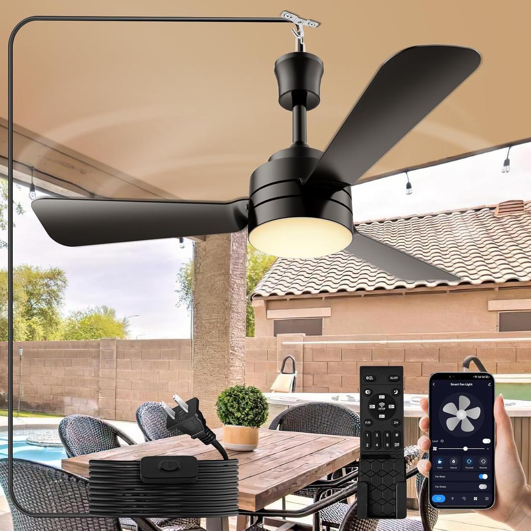 Ceiling Fans with Lights,28" LED Fan Light Hanging with Hook,Hook Type Ceiling Fan,Plug in Ceiling Fan Light,35W,3000-6500k,Remote Control,Portable Fan for Camping Bed,Patios,(Black)