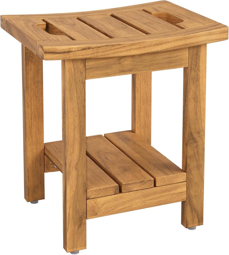 14" Teak Shower Stool, Waterproof Teak Shower Bench with Shelf & Handle for Bathroom, 300 Lbs Capacity, Natural Teak Color