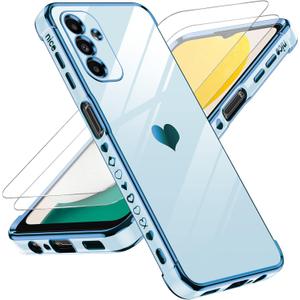LeYi for Samsung A13 5G Case with Aesthetic Full Camera Lens Protection + [2 Pcs] Tempered Glass Screen Protector, Electroplate Shockproof Edge Bumper Silicone Case for Galaxy A13 5G, Sierra Blue