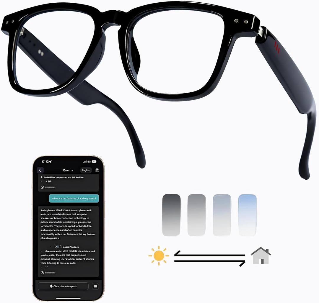 MNVOEQ AI Smart Wireless Bluetooth Translation Glasses for Men/Women with Speakers/Bluetooth&140+ Languages Translation Sports/Travel/Drive/Busniess (C1+AI+Color Change Lenses+Black)