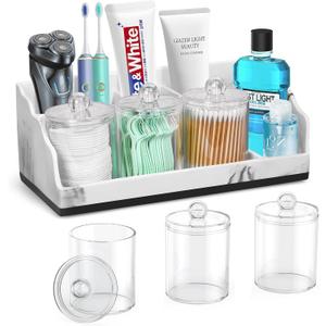 Marble Bathroom Countertop Organizer, Toothbrush Holders for Bathroom with 3PCS Qtip Holder Dispenser and Toothpaste Holder Drainage for Bathroom Accessories Organization Counter Vanity Storage (White)