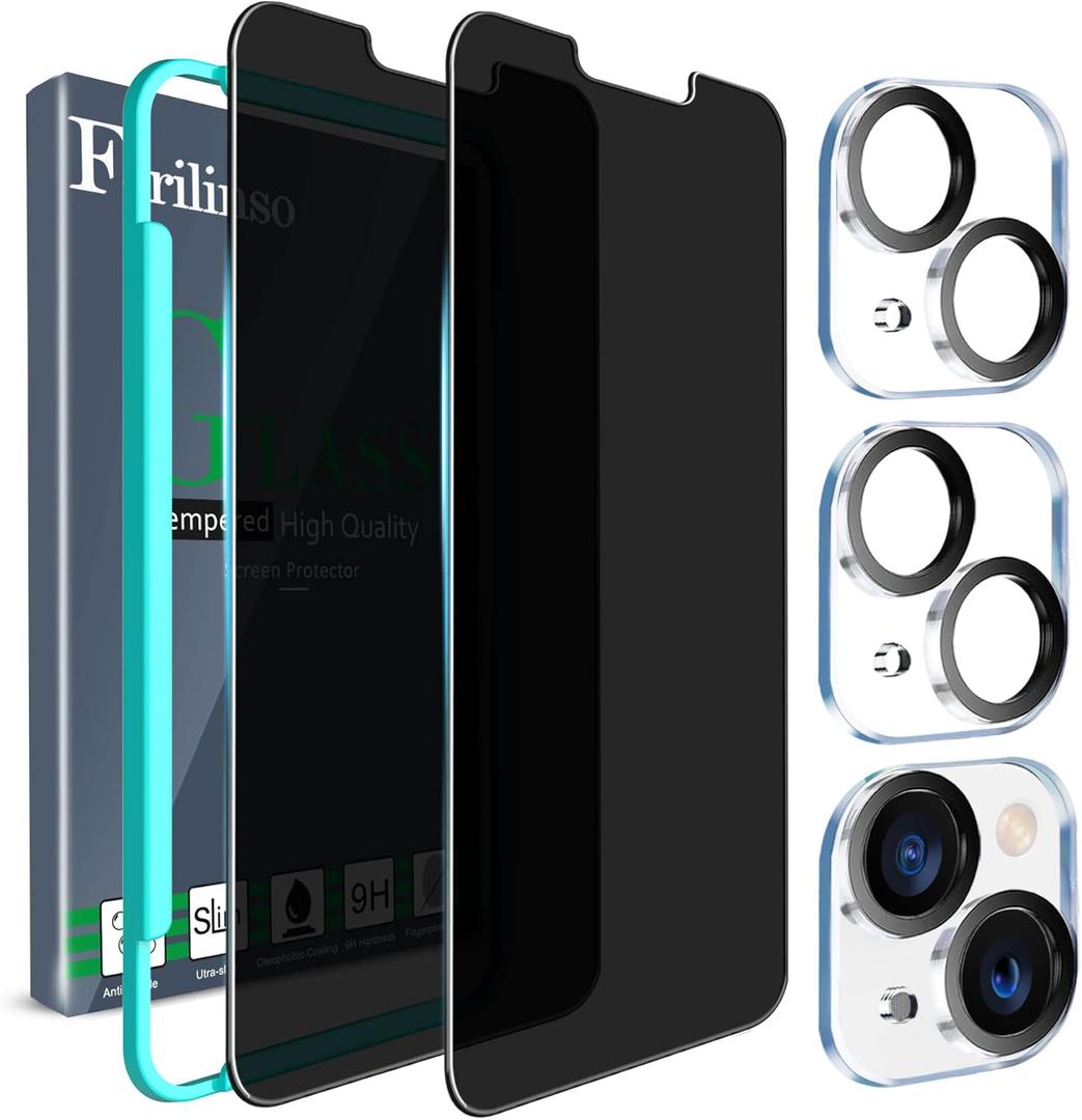 Ferilinso for iPhone 13/14 Privacy Screen Protector 2 Pack 9H Anti Spy Tempered Glass Privacy Screen with 2 Pack Camera Lens Protector Case Friendly Accessories