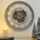 CLXEAST 24 Inch Wall Clock with Moving Gears, Oversized Large Roman Numeral Wall Clocks for Living Room Decor, Antique Champagne Finish, House Warming Gifts New Home