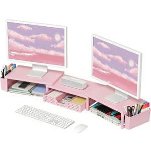 OPNICE Desk Organizers and Accessories, Dual Monitor Stand Riser with Drawer and 2 Pen Holders, Desk Shelf Wood Computer Racks for Office Workspace Organizers, Desktop Organization (Pink Wood)