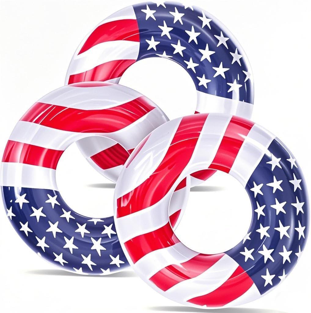 3 Pack Inflatable USA Flag Pool Floats for Kids Adults - 35.5 inch Swim Tubes Rings for Lake Beach, Red White & Blue Pool Floaties Summer Pool Party 250th Anniversary America Flag Patriotic Toy