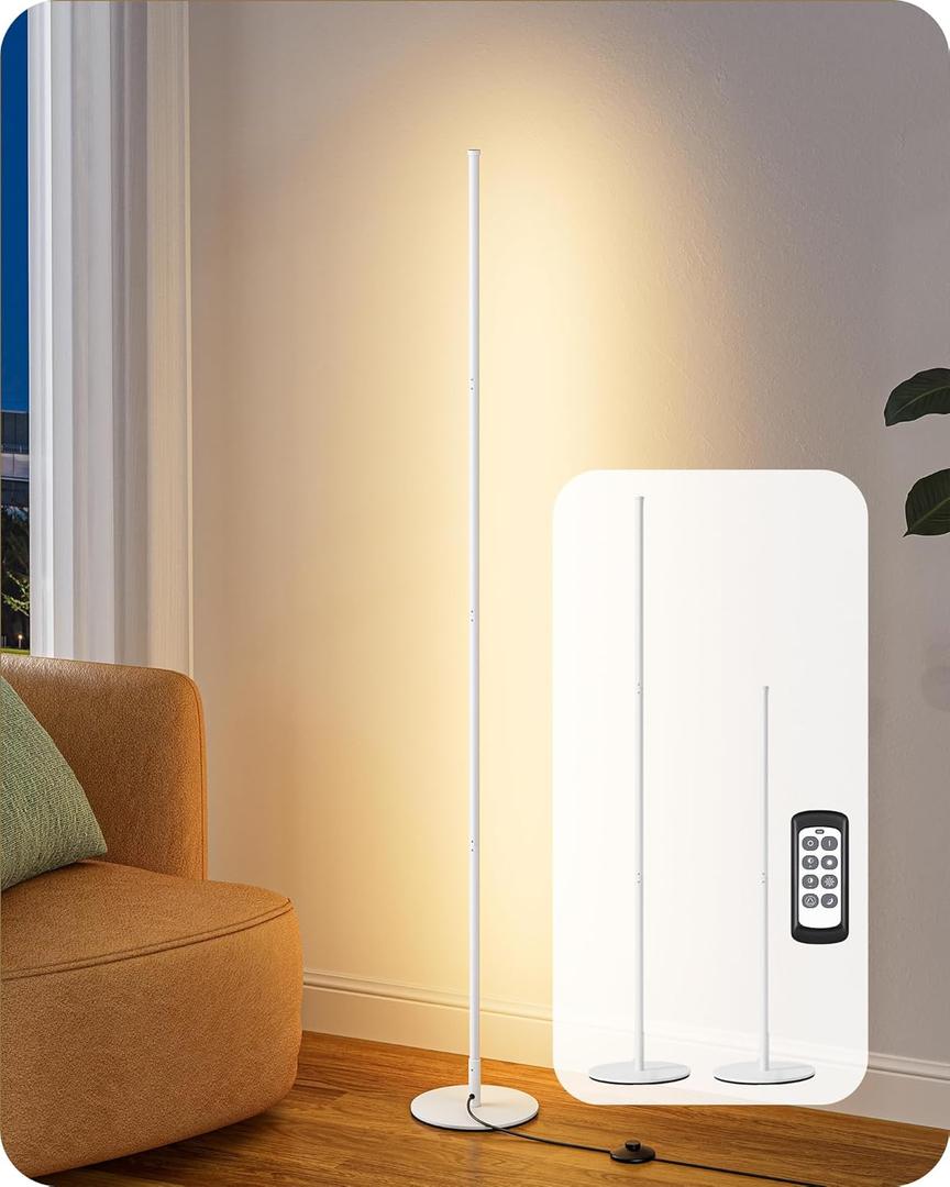 EDISHINE 59.8" Corner Floor Lamp, White Floor Lamp with Remote, 3 Height Settings, 3 Color Temperature & Stepless Dimming, Foot Switch, Slim Floor Lamps for Living Room, White
