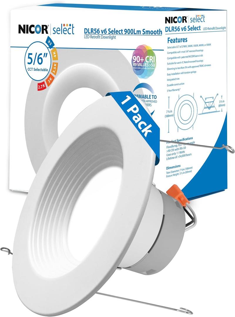 Recessed Ceiling Lights LED Downlight - 5/6 inch LED Recessed Light Fixtures - Selectable CCT 2700K-5000K, 918 Lumens, 10.3W - DLR56 Retrofit Ceiling Light, White Baffle, 1-Pk by NICOR Lighting