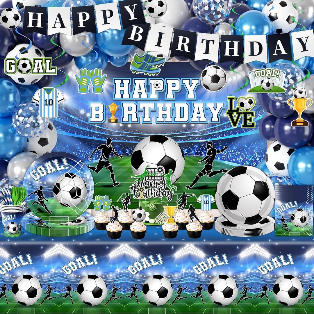Soccer Birthday Party Decorations, Soccer Party Decorations includes Plates Napkins Backdrop Balloons Arch Tablecloth Cake Topper Soccer Party Supplies for Sports Theme Birthday Decoration