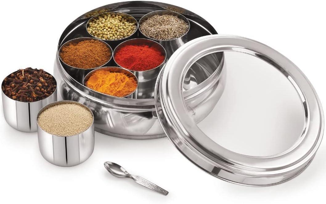 Mother's Day Gifts Stainless Steel High Grade Spice Masala Box 7 Containers and Small Spoon Orange See Through Masala Box Indian Masala Dabba with size 9.2 X 9.2 inches
