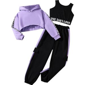 Hilinker Girls Graphic 3 Piece Outfits Workout Hoodie Crop Tank and Sweatpants Set (11-12 Years, Purple Black)