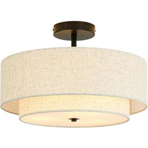 16" Semi Flush Mount Ceiling Light, 3-Light Drum Ceiling Light Fixture with 2-Tier Fabric Linen Shade, Farmhouse Chandelier for Dining Room, Living Room, Bedroom, Kitchen, Hallway, Entryway