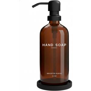 Amber Glass Hand Soap Dispenser Bathroom Set by Brighter Barns - Refillable Liquid Hand Soap Dispenser Tray and Pump Set for Kitchen - Modern Bathroom Decor & Accessories for Airbnb, RV, Hotel (Amber)