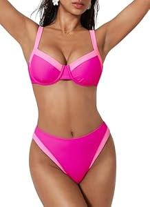 SUUKSESS Women Color Block Underwire Bikini Sets Cheeky High Cut 2 Piece Swimsuit Sweetheart V Neck Push Up Bathing Suit(Pink Color Block, S)