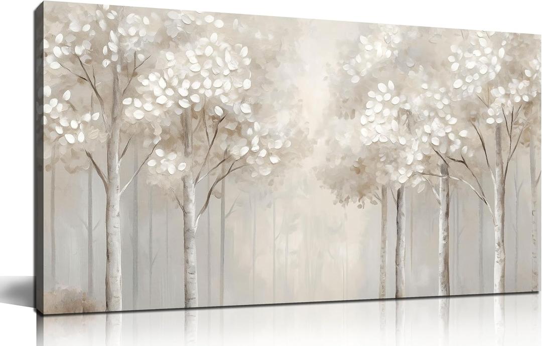 ANCXWOTER Large Forest Wall Art for Living Room Light Grayish-White Misty Birch Tree Picture for Bedroom Office Modern Landscapes Canvas Prints Ready to Hang 20x40 InchThis color is a kind of light beige with a hint of gray, misty and dim.