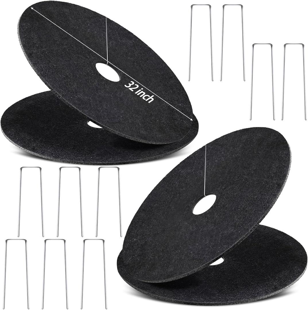 4 Pack Non-Woven Tree Mulch Ring, 32 Inch Degradabl Tree Protection Mat, Weed Barrier Round Mats with 10 Staples Stakes for Weed Growth RootProtection Resistant and Reusable