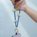 Beaded Phone Wrist Strap for Women Pearl Wristlet Strap Cute Phone Lanyard Golden Heart Shaped Bead Cellphone Chain (Blue)