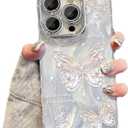 Case for iPhone 15 Pro, Built-in Glitter Camera Lens Cover, Shiny Silver Colorful Butterfly Design for Women Girls, Cute Slim Soft TPU Edge Shockproof Protective Phone Cases 6.1 Inch