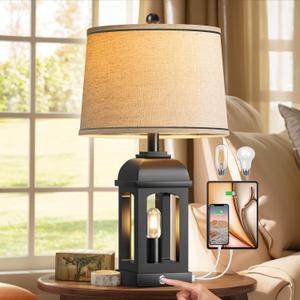 QiMH Table Lamp for Living Room, Farmhouse Lamps with USB A+C and Nightlight, 26" Rustic Bedside Lamps with 3-Way Dimmable Touch Control, Nightstand Lamp for Bedroom, Black, 1 Pack