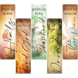 FuWeave 5 Pcs Church Banners 2ft x 6ft Mother Day Church Banners Names of God Sanctuary Christian Decor Jehovah Rophe Religious Hanging Signs for Wall Welcome Backdrop Inspirational Sunday Event Gift