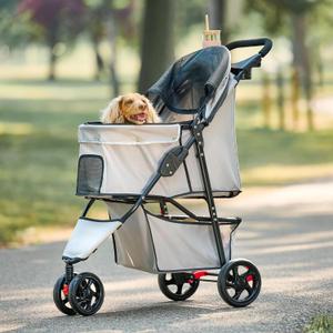 Carlson Pet Products Stroller, Includes 360 Degree Front Wheel Swivel, Rear Wheel Breaks, Reflective Trim, Mesh Panels, Umbrella and Mesh Canopy, Khaki (Khaki with Black Accents)