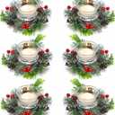 6 Pieces Christmas Candle Ring Artificial Red Berry Candle Holder with Pine Cones Christmas Wreath Rings for Xmas Home Dining Table Centerpieces Decor