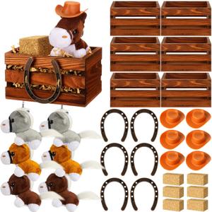 Amyhill 31 Pcs Western Party Supplies Cowboy Party Favors Horse Plush Mini Cowboy Hats Horseshoe Decor Hay Bales Rodeo Birthday Decorations Vintage Wood Crates Table Centerpieces for Wedding