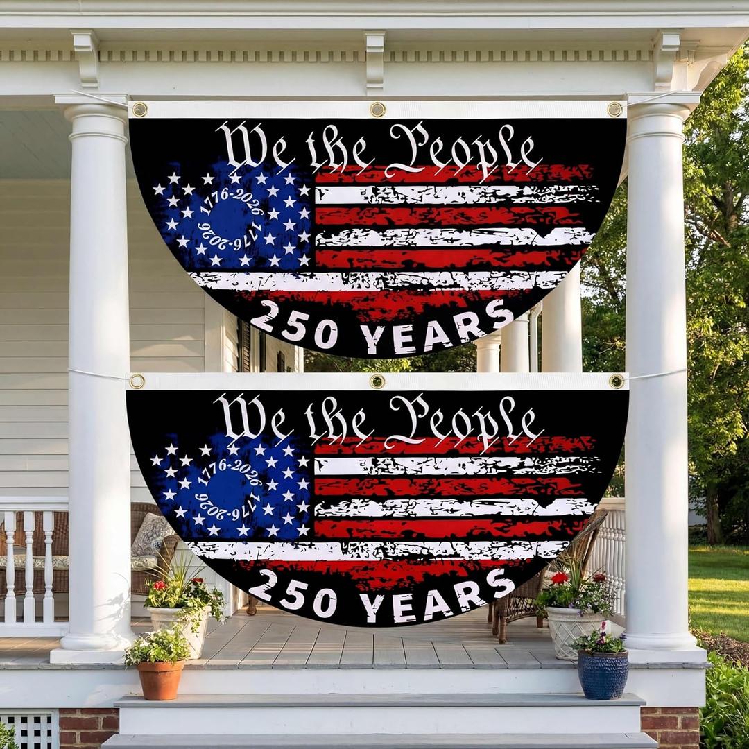 Fanfanwin 2 Pcs 6x3ft Large 250th Anniversary Bunting Flag 250th Patriotic Star 1776-2026 Fan Flag Design for Outdoor 4th of July Patriotic Independence Day Yard Home Decor