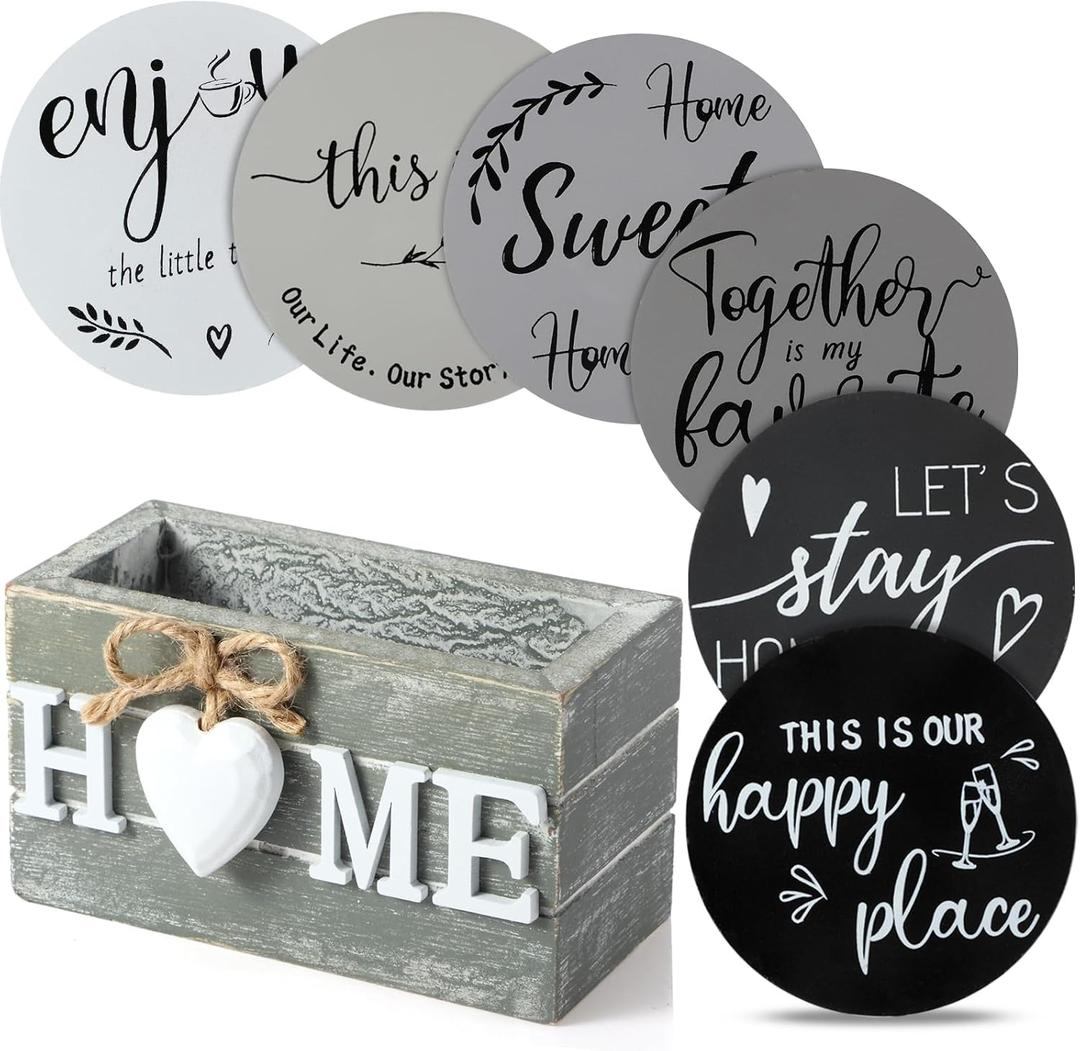 Queekay Coasters Set of 6 House Warming Gifts New Home Wooden Farmhouse Drink Coasters with Holder 4'' Funny Decoration for Kitchen Family Coffee Bar Tabletop Protection(Gray)